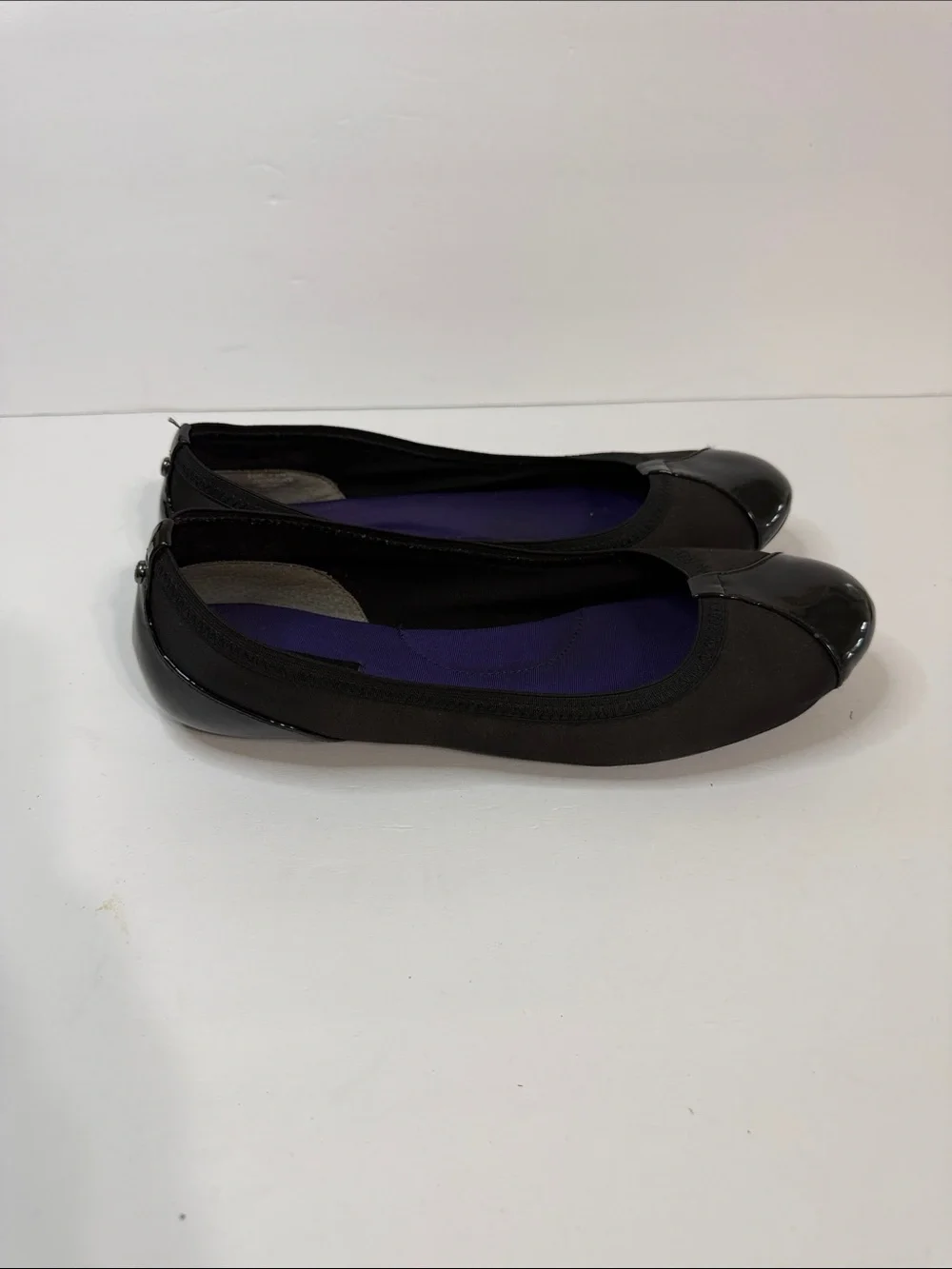 Dana Buchman Black Flats with Patent Toe and Purple Insole